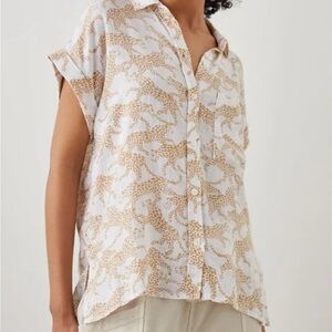 Rails Linen Button-Front Short-Sleeve Blouse with Gold Cheetah Print